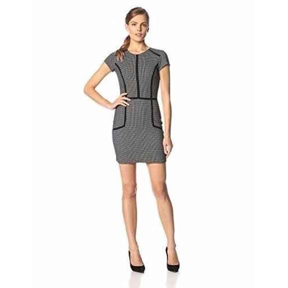 $253 Parker Black Ivory Jacquard Knit Dia Sheath Dress with Piping Small NWT - Picture 1 of 9